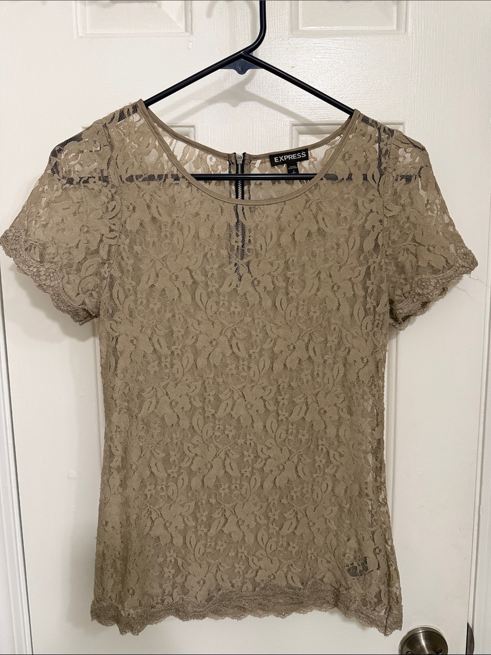 Express Women's Lace Short Sleeve Top in Taupe Beige